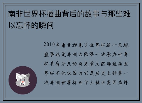 南非世界杯插曲背后的故事与那些难以忘怀的瞬间